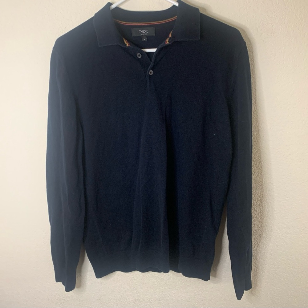 Marks & Spencer next Navy Blue Mens Long Sleeve Polo Shirt Size M Preppy Classic